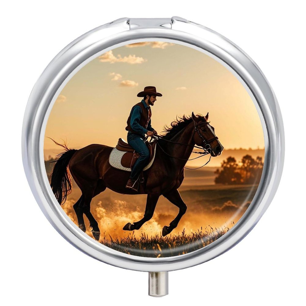 3 Compartment Medicine Pill Case Cowboys Riding Horses Printed Round Pill Box Small Pill Organizer Box for Pocket Purse Briefcase Pills Medicine Cod Liver Oil Storage Box Earplug Case