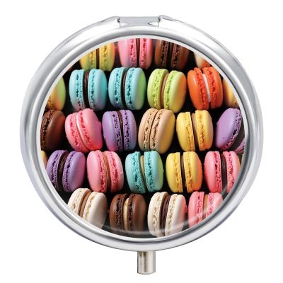 3 Compartment Medicine Pill Case Macaron Biscuit Flavored Pastries Printed Round Pill Box Small Pill Organizer Box for Pocket Purse Briefcase Pills Medicine Cod Liver Oil Storage Box Earplug Case