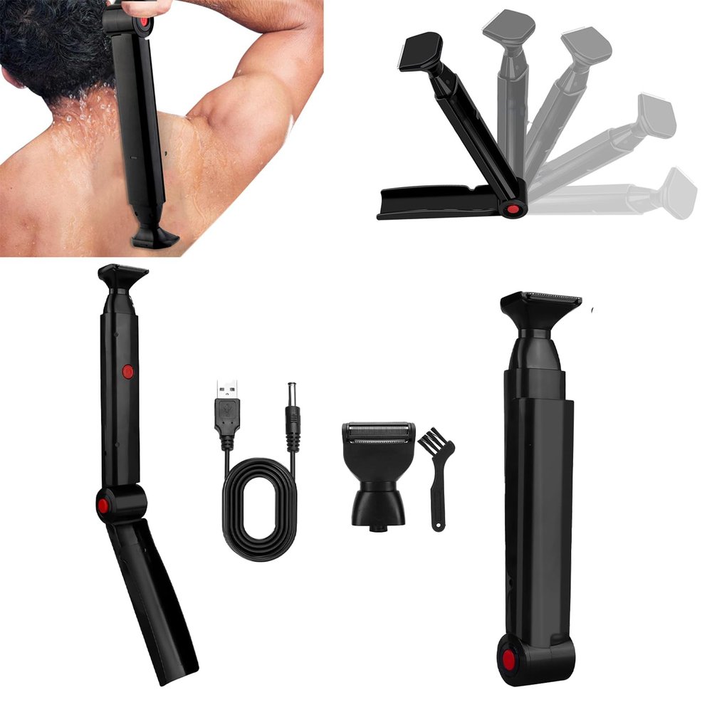 Back Hair Shaver, Back Shaver for Men with 2 Shaving Heads Foldable Back Shaver for Men Back Hair Removal Epilator for Men Body Shaver for Men with Ergonomic Handle for Face, Arm, Chin