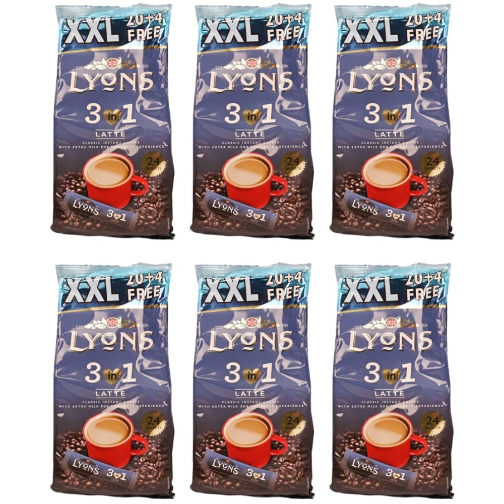 Premium Instant Coffee Sachets Individually Wrapped Gluten-Free Vegetarian Coffee Bag with Mug (6X 24Sachets, 3in1 Latte)