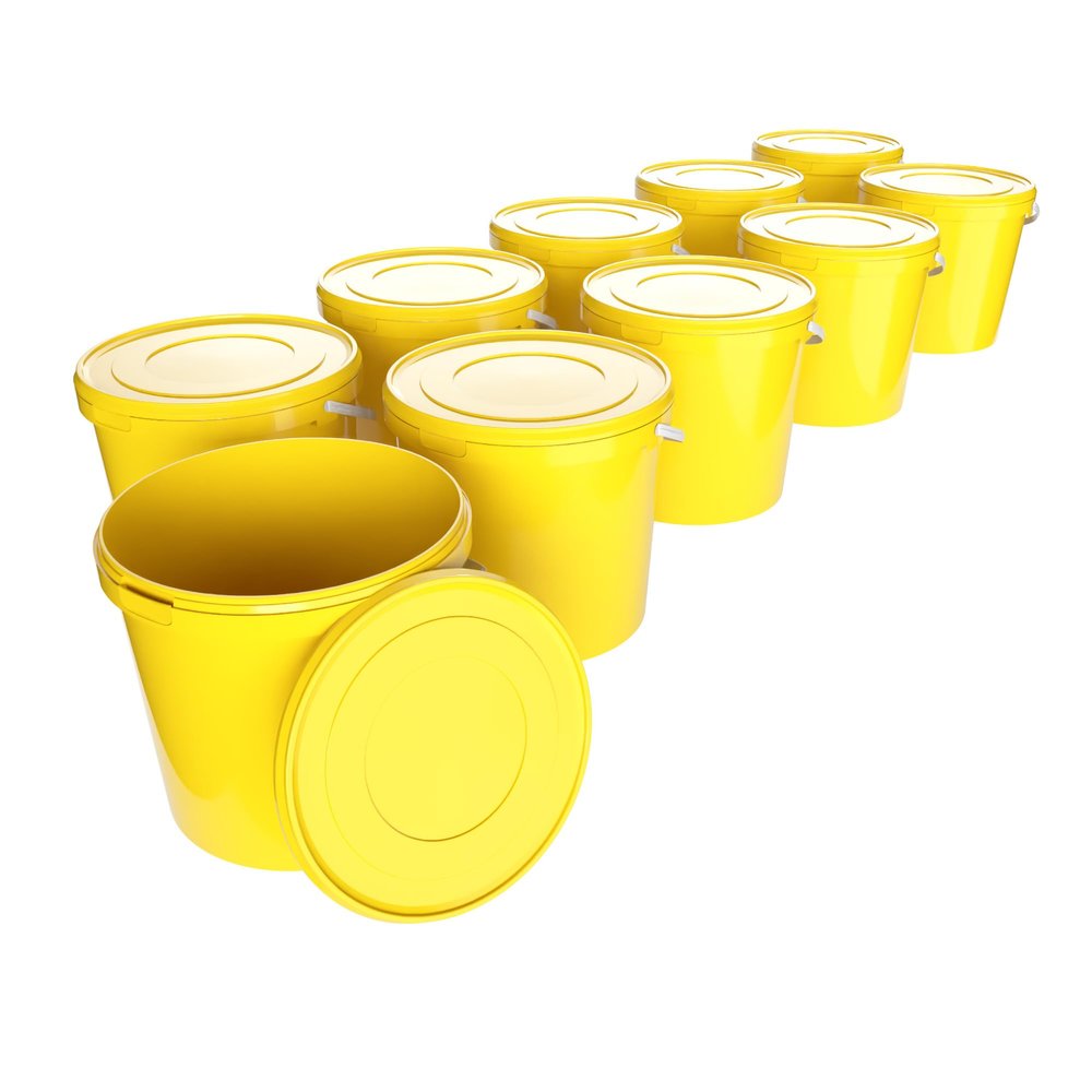 10 Buckets with Lid, 10 L, Yellow, Round, Plastic Bucket, Food-Safe, Airtight and Stable, Empty Bucket with Handle and Lid Suitable for Food, Chemistry, Washing Powder, Adhesives