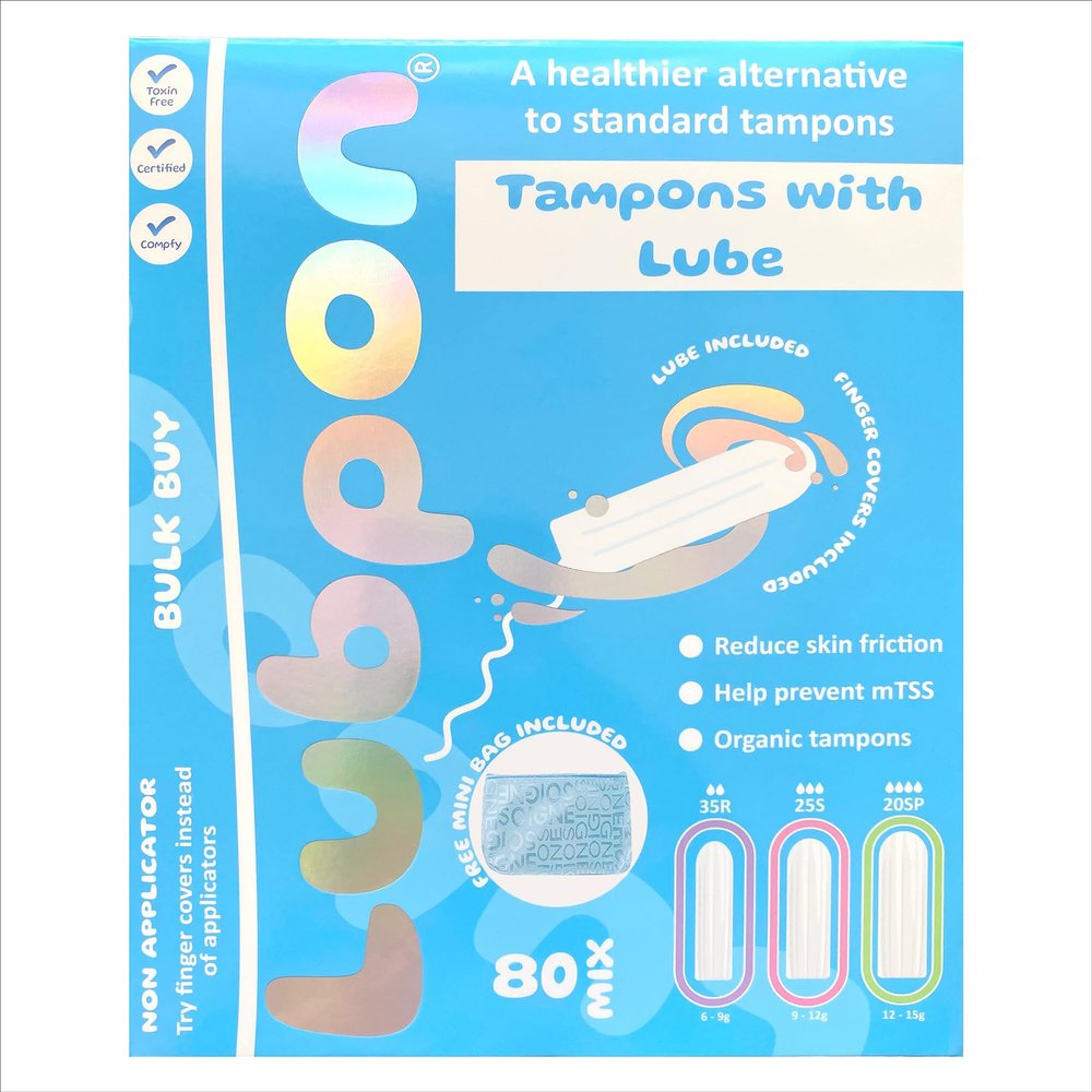 80 Smooth Organic Mix TAMPONS, and a Specially Formulated Tampon LUBE, Bulk Buy ~3 Months Supply, Free Trendy Blue Mini Bag. (LUBPON Tampon Kit, Mix: 35 Regular 25 Super 20 Super Plus, Mix, Blue)