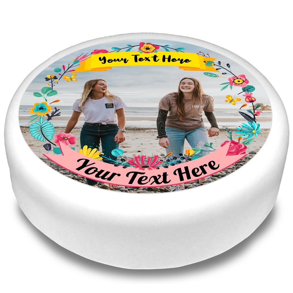 Cakeshop Round Personalised Edible Cake Topper With Pretty Colourful Flower Border | Custom Image & Text | For Birthdays & Celebrations | Multiple Shapes & Sizes | Icing & Wafer Paper Options