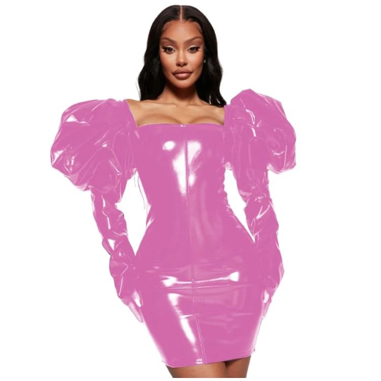 YGZHANYUANOKU Faux PVC Leather Bodycon Dress Women Puff Long Sleeve Square Collar Club Dress Gothic Party Mini Dress Customi,Pink,5XL
