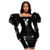YGZHANYUANOKU Faux PVC Leather Bodycon Dress Women Puff Long Sleeve Square Collar Club Dress Gothic Party Mini Dress Customi,Pink,5XL view 2