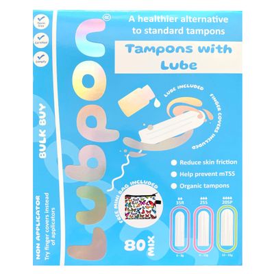 80 Smooth Organic Mix TAMPONS, and Specially Formulated Tampon LUBE, Bulk Buy ~3 Months Supply, Free Butterflies Mini Bag (LUBPON Tampon Kit, Mix: 35 Regular 25 Super 20 Super Plus, Mix, Butterflies)