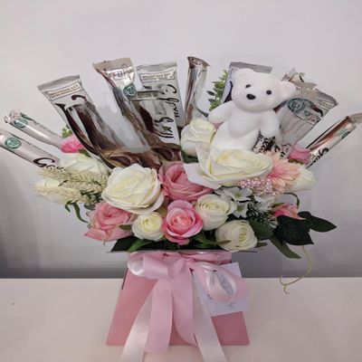 Bear Chocolate Bouquet with Silk Flowers