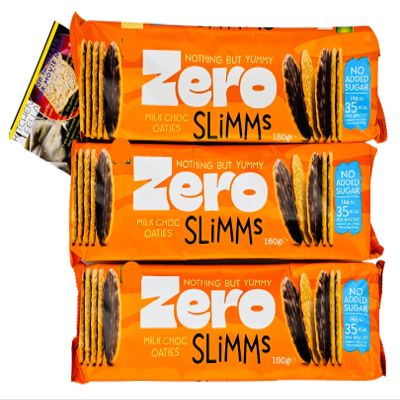 Gullon Zero Chocolate Biscuits Milk Choc Oaties Slimms 3 x 150g + Kitchen Fella Movie Treats Postcard  High Fibre, No Palm Oil, Vegetarian, Chocolate Gift