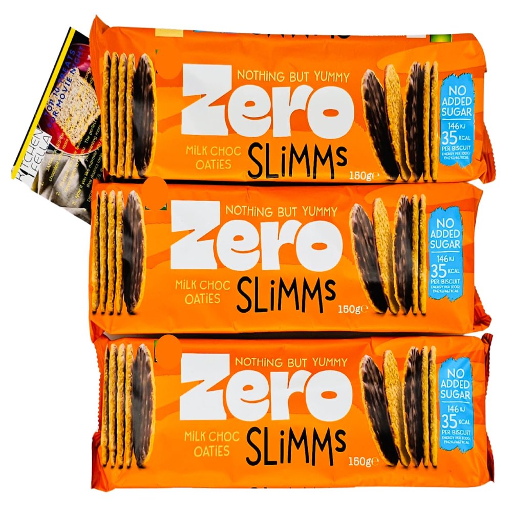 Gullon Zero Chocolate Biscuits Milk Choc Oaties Slimms 3 x 150g + Kitchen Fella Movie Treats Postcard  High Fibre, No Palm Oil, Vegetarian, Chocolate Gift