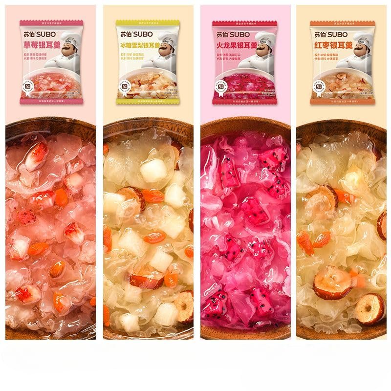Freeze dried white fungus soup, instant red date snow pear tremella soup, substitute breakfast Congee, healthy vegetable soup, nutritious cereals soup, vegetarian, Dim sum (Strawberry,4 packs)