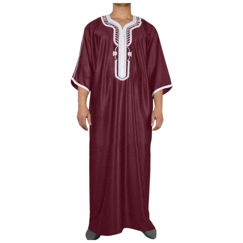Foweknow Men's Islamic Clothing Muslim Arabic Dubai Middle East Robe Shirt Embroidery Patchwork Ethnic Style Long Sleeve Shirt Elegant Streetwear Outwear Functional Shirt, red, XL