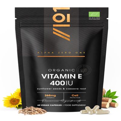 Organic Vitamin E 400IU Plant Based from Sunflower Seed Oil & Cassava Root 60 Vegan Capsules Resealable and Recyclable Pouch by Alpha01