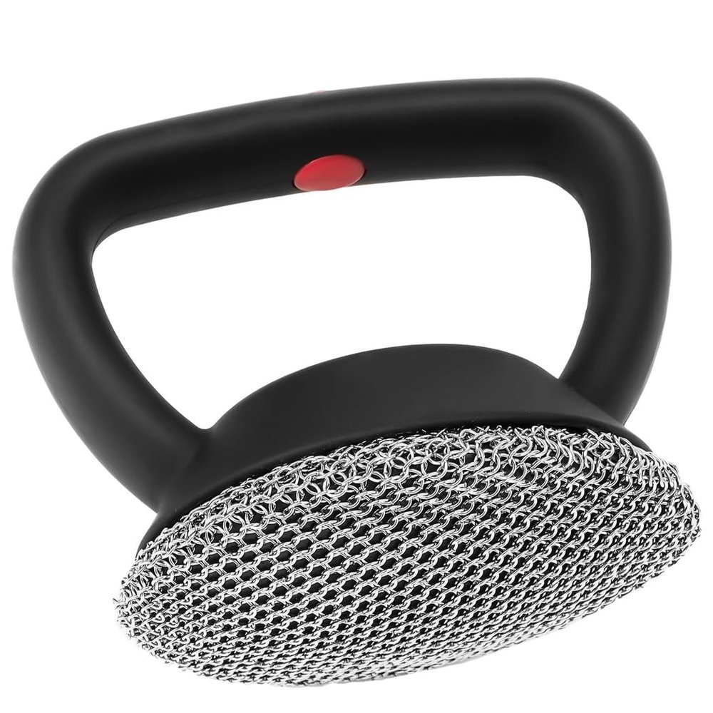 Chainmail Brush Scrubber, Stainless Steel Mesh Dish Cleaner with Non-Slip Silicone Handle, Enhanced Soldered Round Metal Chainmail Cleaning Brush for Cookware (Black)