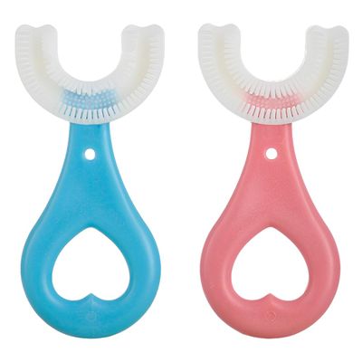 XUKZIMA 2 Pcs Kids Toothbrushes U Shaped Toothbrush 360All-Round Cleaning Silicone Teeth Brush for Kids 2-6Years (Blue and Pink)
