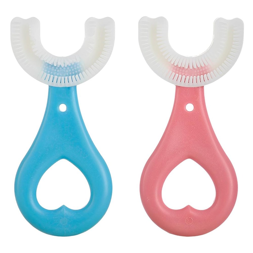 XUKZIMA 2 Pcs Kids Toothbrushes U Shaped Toothbrush 360All-Round Cleaning Silicone Teeth Brush for Kids 2-6Years (Blue and Pink)