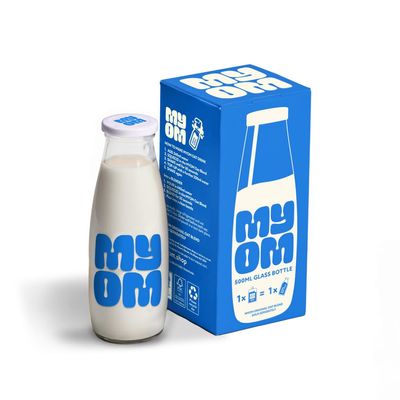 MYOM - Glass Milk Bottle 500ml Reusable Glass Milk Storage Bottle with Lid Dishwasher Safe - Empty Milk Container for Oat Milk, Dairy & Plant Based Drinks