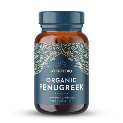 Ayurvediq Organic Fenugreek Capsules - 120 Vegan High Strength Fenugreek Powder Capsules for Lactating Mums, Hormonal & Blood Sugar Balance, Natural Supplements for Digestion