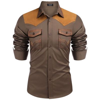 Foweknow Denim Shirt Men's Embroidery Western Cowboy Shirt Hippie Long Sleeve Snap Casual Shirts Fashionable Patchwork Trendings Sweat Jacket Versatile Slim Fit Multifunctions Shirt, brown, L