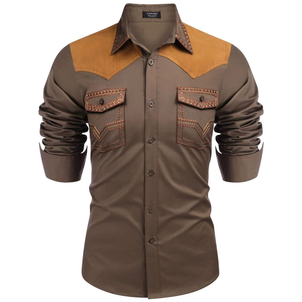 Foweknow Denim Shirt Men's Embroidery Western Cowboy Shirt Hippie Long Sleeve Snap Casual Shirts Fashionable Patchwork Trendings Sweat Jacket Versatile Slim Fit Multifunctions Shirt, brown, L