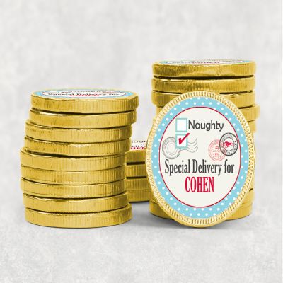 Personalised Christmas Chocolate coins Stocking Filler Stickers Gift Tag Labels Present Delivery From Santa set of 5 - D1 Special Delivery