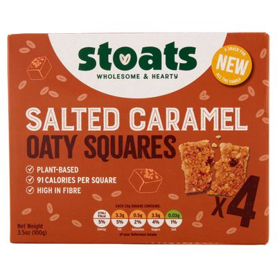 Stoats Salted Caramel Oaty Squares  Plant-Based, HFSS Compliant Snack Bars, Made with Scottish Oats and Salted Caramel Chunks, Individually Wrapped 25g Bars (Pack of 28)