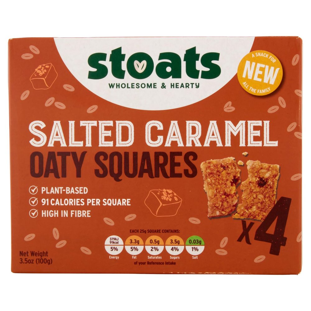 Stoats Salted Caramel Oaty Squares  Plant-Based, HFSS Compliant Snack Bars, Made with Scottish Oats and Salted Caramel Chunks, Individually Wrapped 25g Bars (Pack of 28)