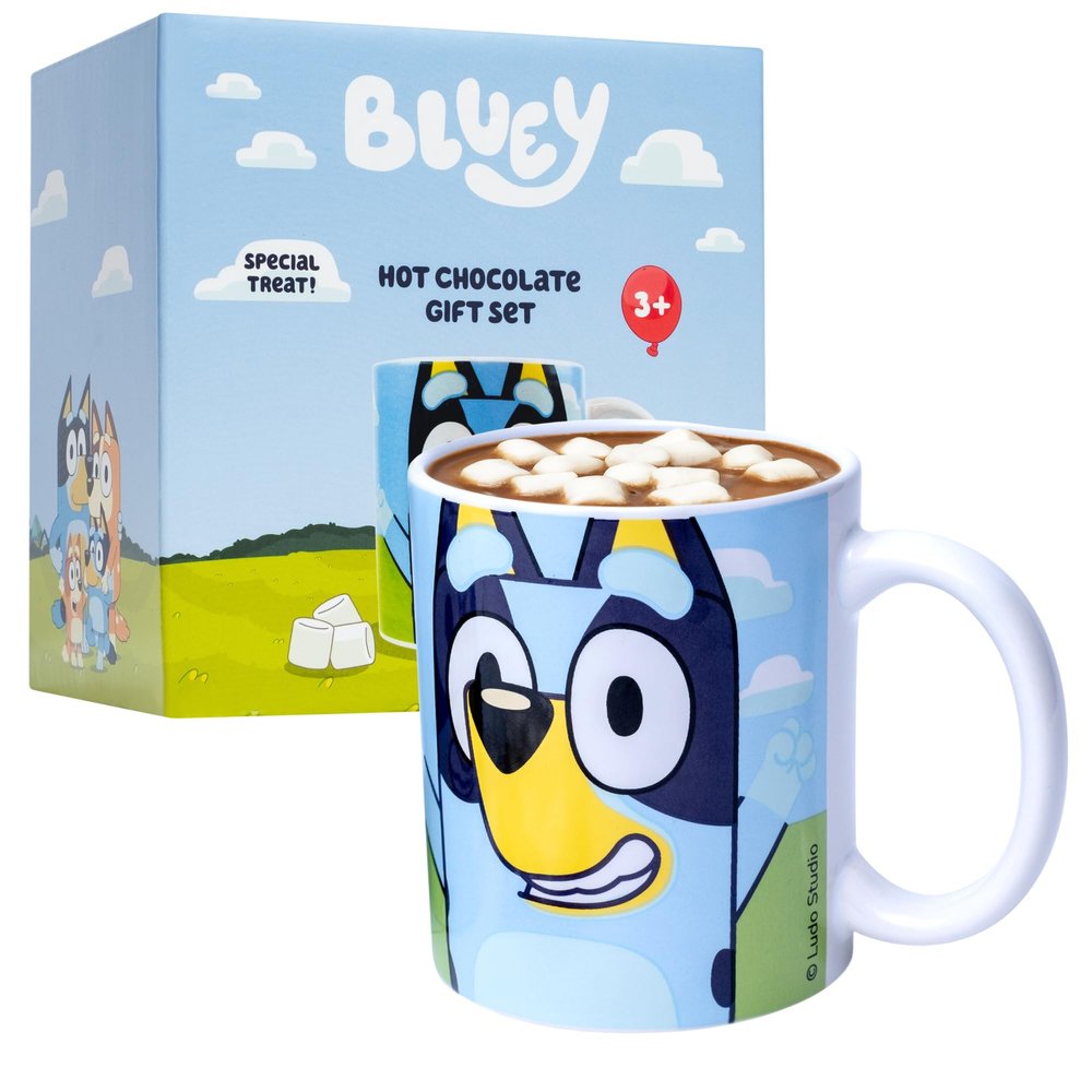 Bluey Hot Chocolate Gift Set - Featuring Bingo and Bluey Mug for Kids or Adults, Includes Hot Chocolate Mix, Mini Marshmallows, Ceramic Mug, Gifts for Boys & Girls, Birthday, Dad, Fathers Day