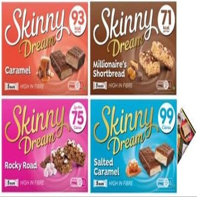 Skinny Dream Snack Bars Variety Pack, Salted Caramel, Millionaires Shortbread, Caramel, Rocky Road and Kitchenfella 14 Day Healthy Eating Challenge Postcard