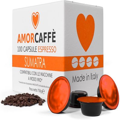 AMORCAFF 100% Arabica 100 Coffee Capsules Compatible with Lavazza A Modo Mio, Dark Roast, Sumatra
