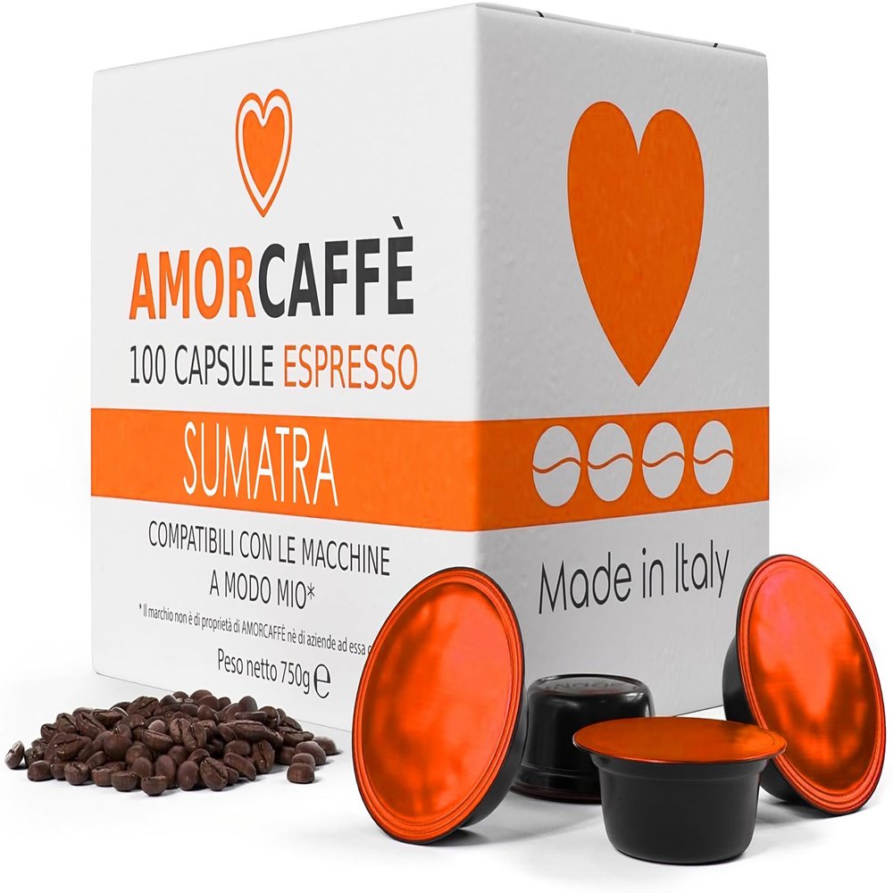 AMORCAFF 100% Arabica 100 Coffee Capsules Compatible with Lavazza A Modo Mio, Dark Roast, Sumatra