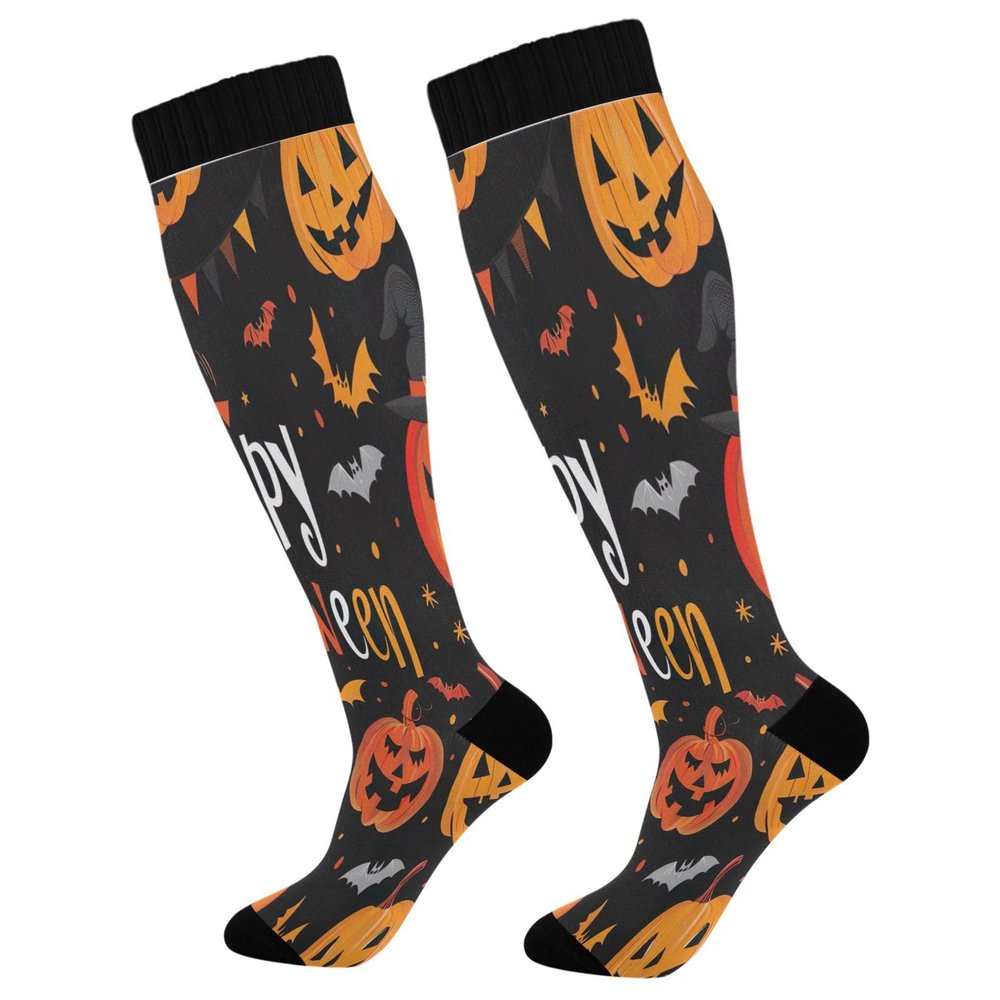 SKYSHU Halloween Pumpkin Bat Compression Socks for Women Men(1 Pair), Non-Slip Circulation Knee High Stockings Long Tube Stocking for Running Cycling Travel Nurse Medical,20-30 mmHg