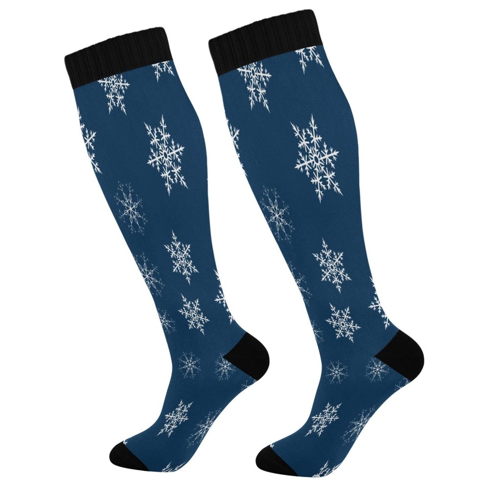 SKYSHU Blue Snowflake Compression Socks for Women Men(1 Pair), Non-Slip Circulation Knee High Stockings Long Tube Stocking for Running Cycling Travel Nurse Medical,20-30 mmHg