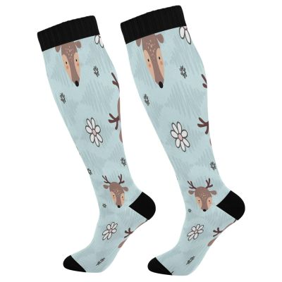 SKYSHU Christmas Deer Compression Socks for Women Men(1 Pair), Non-Slip Circulation Knee High Stockings Long Tube Stocking for Running Cycling Travel Nurse Medical,20-30 mmHg
