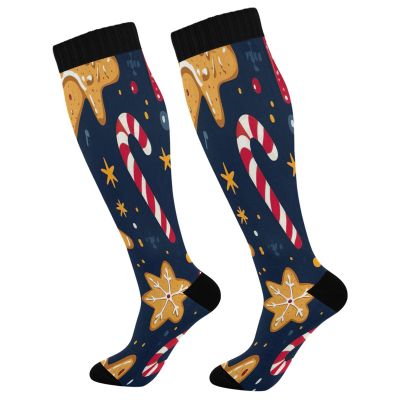 SKYSHU Christmas Gingerbread Man Compression Socks for Women Men(1 Pair), Non-Slip Circulation Knee High Stockings Long Tube Stocking for Running Cycling Travel Nurse Medical,20-30 mmHg