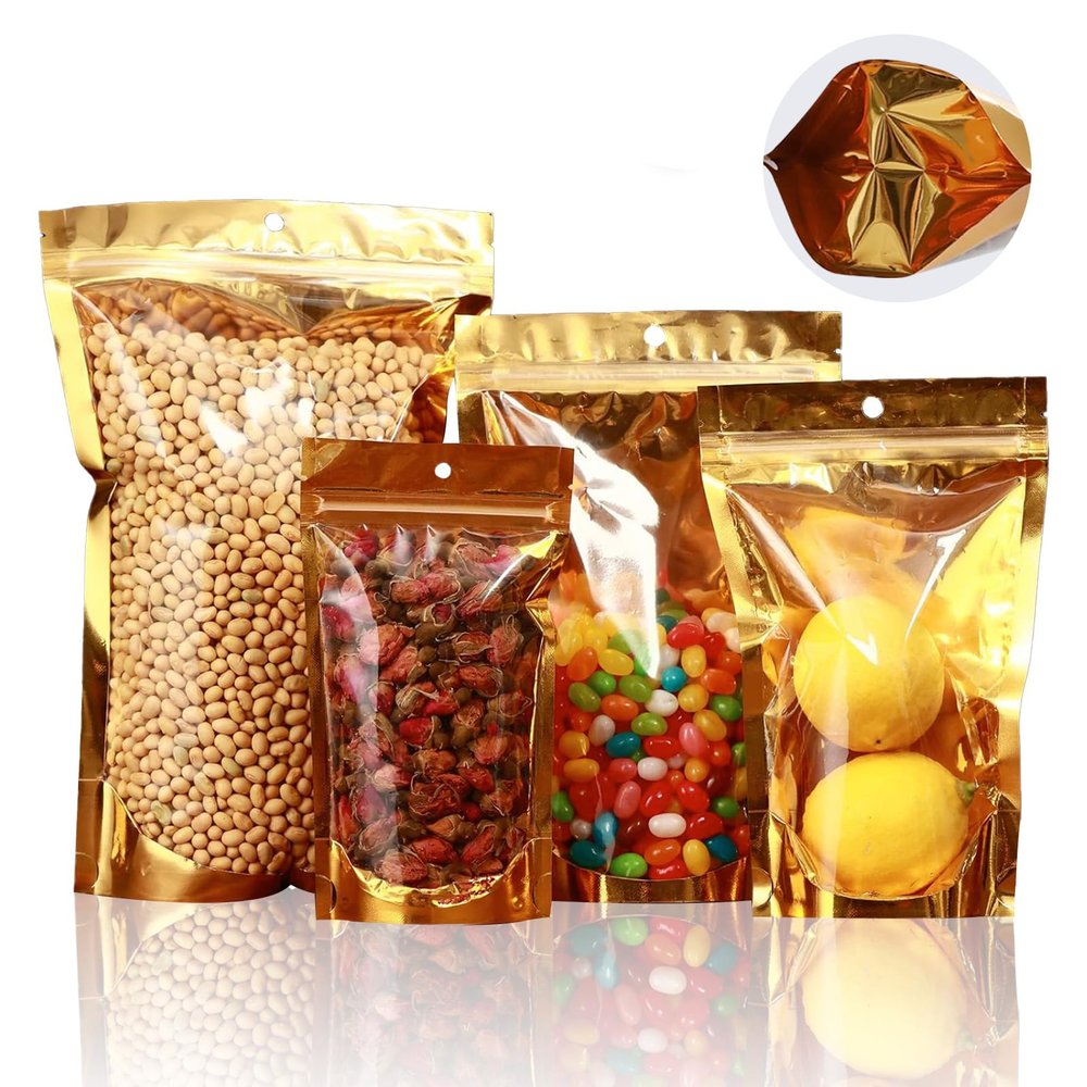 100 Pack Resealable Mylar Bags with Window for Food Storage,Stand Up Smell Proof Bags,Pouch Food Packaging Heat Seal Bags for Candy,Jewelry, Foil, Bulk (Gold, 5.9x9.05 inch)