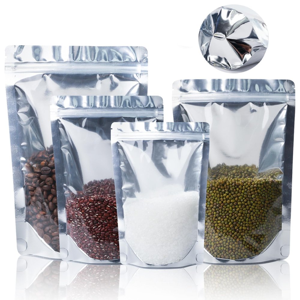 100pcs Resealable Mylar Bags with Window for Food Storage,Stand Up Smell Proof Bags,Pouch Food Packaging Heat Seal Bags for Candy,Jewelry, Foil, Bulk (Silver, 5.51x7.87 inch)