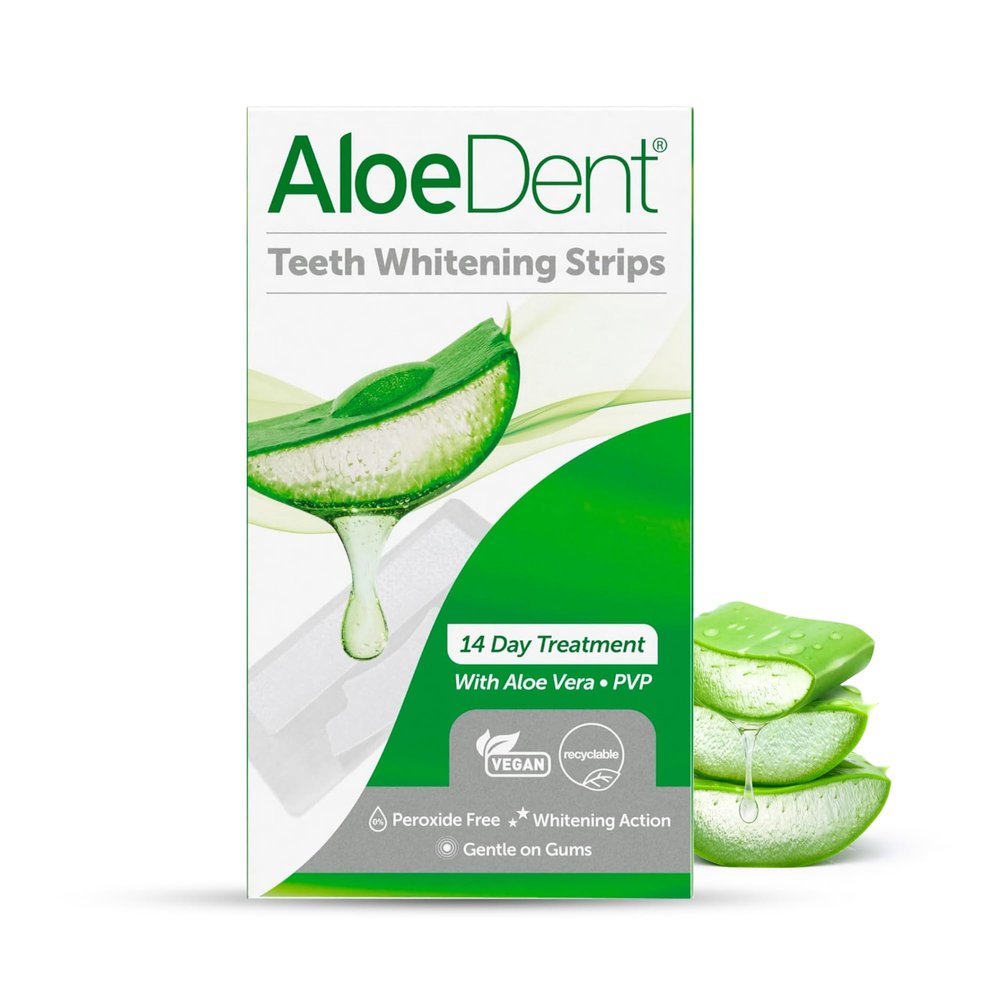 Aloe Dent - Aloe Vera Teeth Whitening Strips - Peroxide Free - Whitening Action & Gentle on Gums - Vegan - 28 Strips - 14 Day Treatment