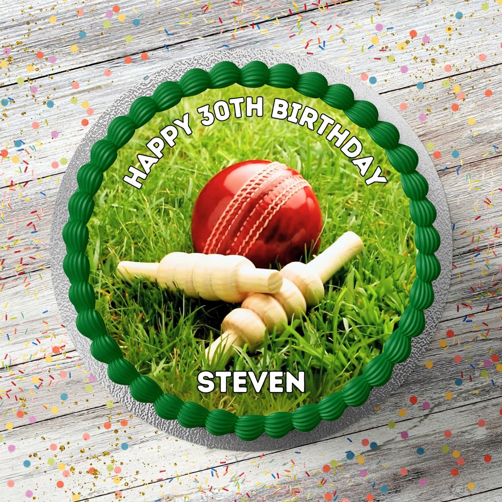 Cricket Sports Themed Personalised PRECUT Cake Topper 7.5 Inch Round Edible Icing Sheet Birthday Cake Decoration