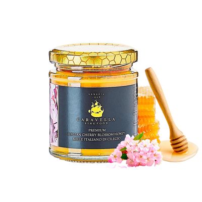 Caravella Fine Food - Premium Cherry Blossom Honey 250g - 100% italian, pure, raw, unpasteurized honey - Delicate, mild and smooth - perfect for Breakfast, spread, sweetener