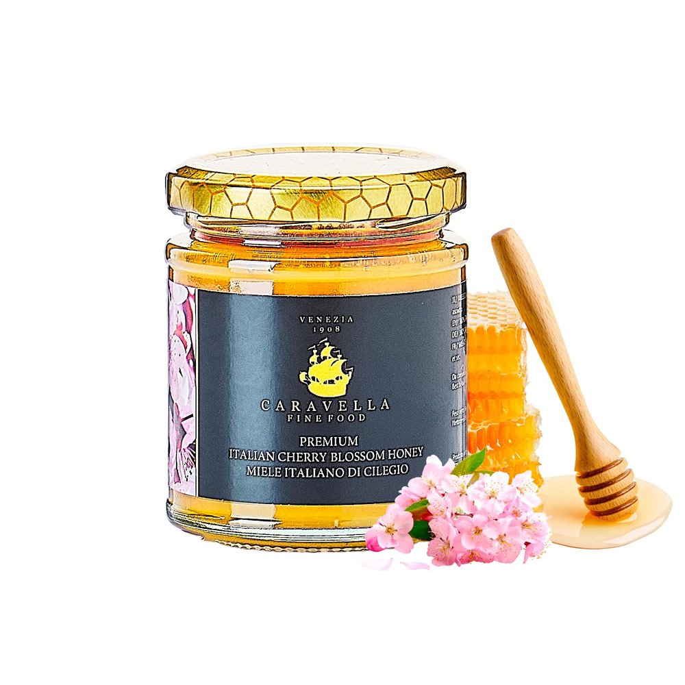 Caravella Fine Food - Premium Cherry Blossom Honey 250g - 100% italian, pure, raw, unpasteurized honey - Delicate, mild and smooth - perfect for Breakfast, spread, sweetener