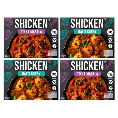 SHICKEN Medium Curry Box with 2 x SHICKEN Tikka Masala Curry & 2 x SHICKEN Balti Curry (350g each) | Plant Based Indian Ready Meals for Two | Chef Made Vegan Curry | Just Add Sundries!