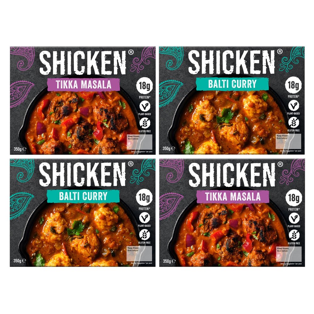 SHICKEN Medium Curry Box with 2 x SHICKEN Tikka Masala Curry & 2 x SHICKEN Balti Curry (350g each) | Plant Based Indian Ready Meals for Two | Chef Made Vegan Curry | Just Add Sundries!