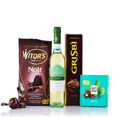 Caravella Fine Food - Gift set "Sweet Delights n1" - Soave white wine 50 cl, Dark chocolates with cocoa cream 250 gr, Chocolate cookies with coffee cream 135 g Peppermint dark chocolate bar 100 gr