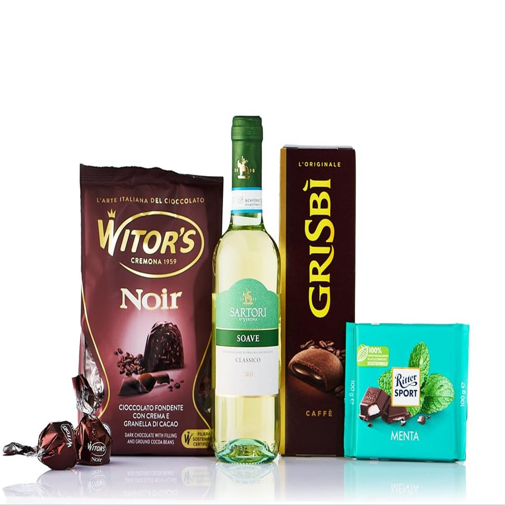 Caravella Fine Food - Gift set "Sweet Delights n1" - Soave white wine 50 cl, Dark chocolates with cocoa cream 250 gr, Chocolate cookies with coffee cream 135 g Peppermint dark chocolate bar 100 gr