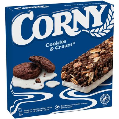 Corny Cereal Bars Cookies & Cream Flavour 6 x 25 g German Snack Bars Made by Schwartauer Werke, Germany Without Artificial Colours or Preservatives
