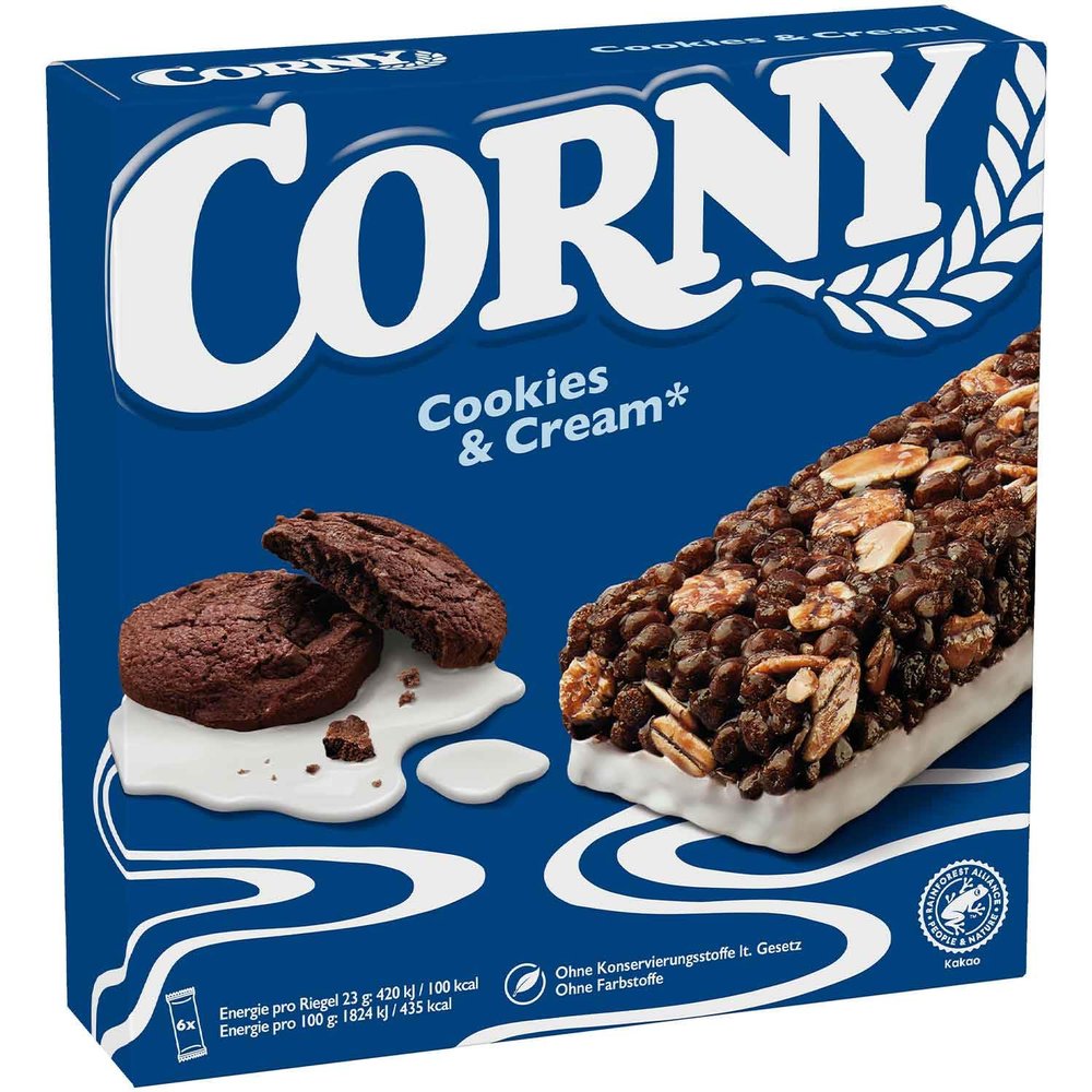 Corny Cereal Bars Cookies & Cream Flavour 6 x 25 g German Snack Bars Made by Schwartauer Werke, Germany Without Artificial Colours or Preservatives