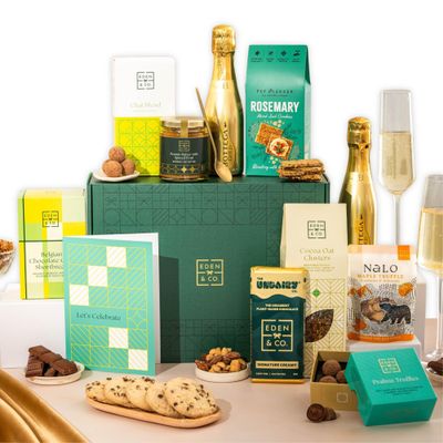 Celebration Vegan Hamper Gift Basket, Luxury Gourmet Gifts for Women, Men, Couples, with Vegan Chocolate by EDEN & CO - Plus 1 Prosecco