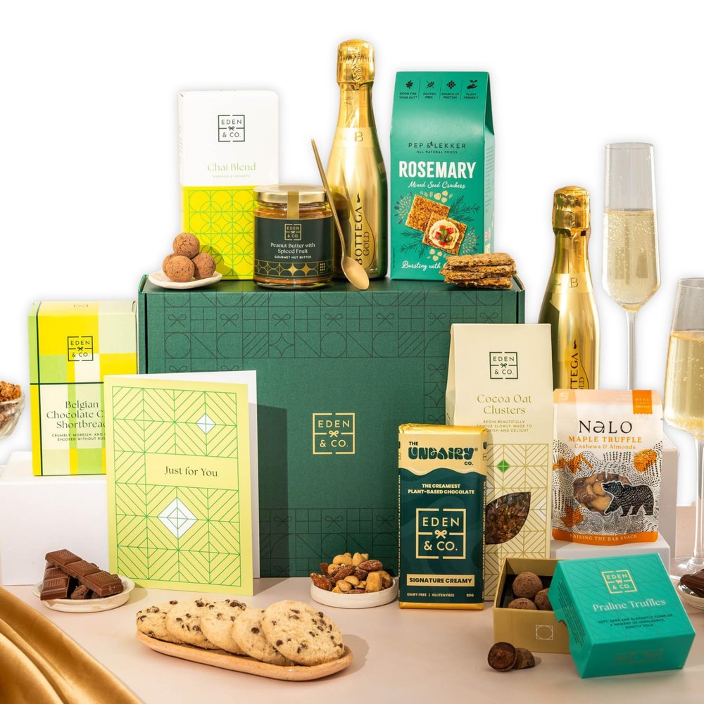 Just Because Vegan Gift Hamper Basket, Luxury Gourmet Gifts for Women, Men, Couples, with Vegan Chocolate by EDEN & CO - Plus 2 Prosecco