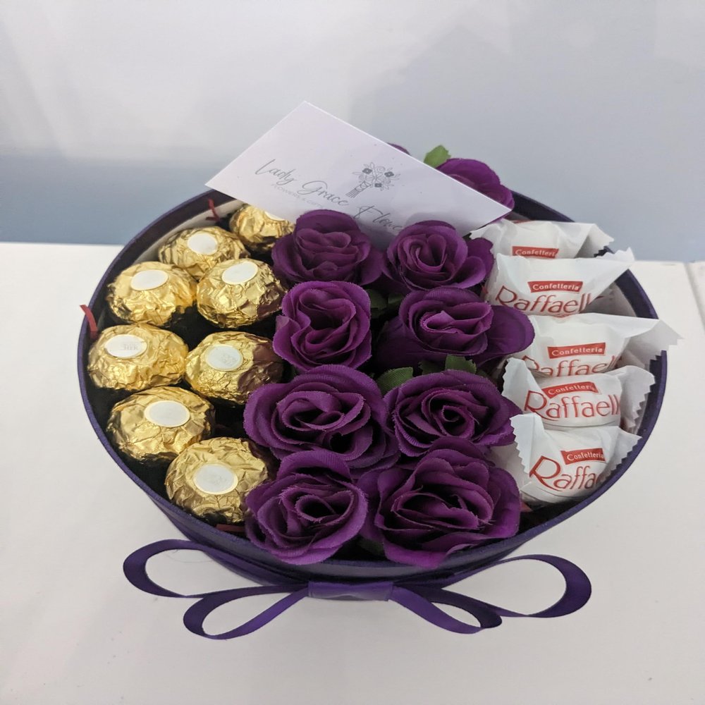 Hat Box Purple3 with Chocolates & Silk Flowers Gift