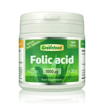 Greenfood Folic Acid, 1000 g, Extra high dose, 180 Tablets - Plays a Role in The Cell Division Process, contributes to Normal Blood Formation and Maternal Tissue Growth During Pregnancy. Vegan.